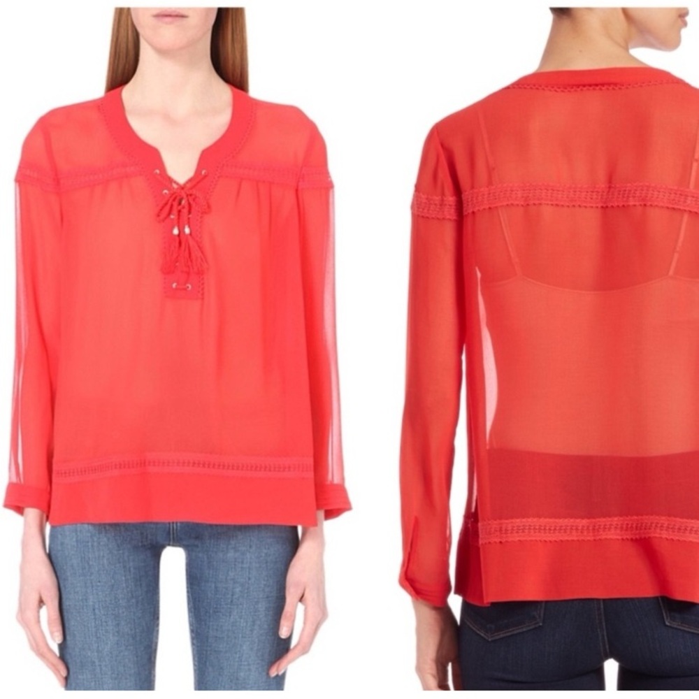 THE KOOPLES RED LACE UP TUNIC SHEER CHIFFON LIGHTWEIGHT TASSEL BOHO BLOUSE TOP